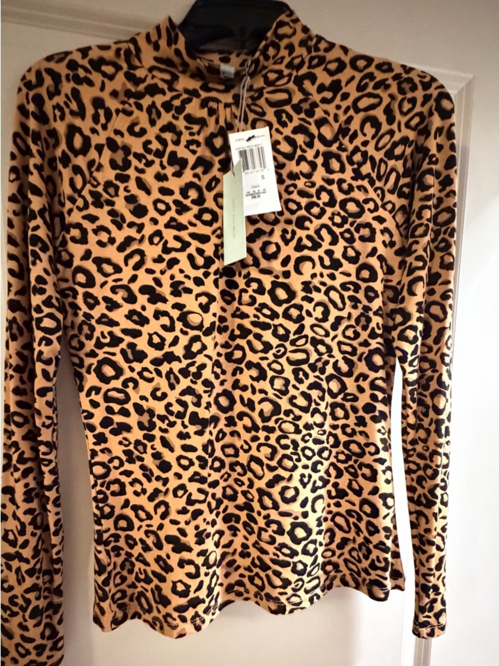 Skies Are Blue Leopard Print Long Sleeve Mock Neck  - Tan & Black small rayon
